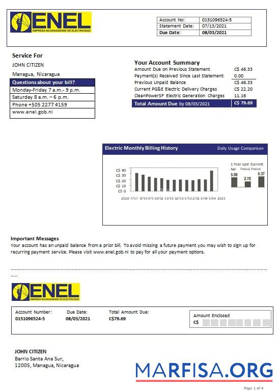 Realistic Nicaragua Nicaraguan Electricity Company ENEL electricity utility bill template in Word and PDF format